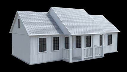 White cottage mockup with porch and gable window. 3d illustration isolated on black