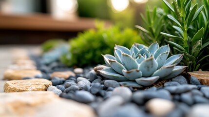 Fototapeta premium A captivating close-up view of a beautiful succulent plant nestled among smooth river stones, symbolizing resilience and the beauty of nature in a tranquil garden setting.