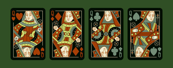 Queen playing poker cards set in Black design. Editable stroke lines. Spades Hearts Diamonds and Clubs suits. Vector colorful illustration.	