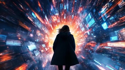 A figure in a dark coat stands at the edge of a vibrant, swirling digital vortex, symbolizing exploration