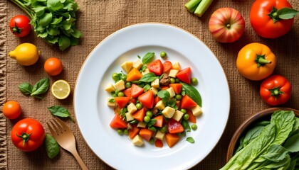 a vibrant salad served on a white plate, placed centrally on a wooden table