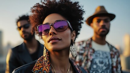 A chic trio of friends showcases their vibrant fashion against a stunning sunset backdrop, radiating confidence, friendship, and the urban vibe of contemporary life.