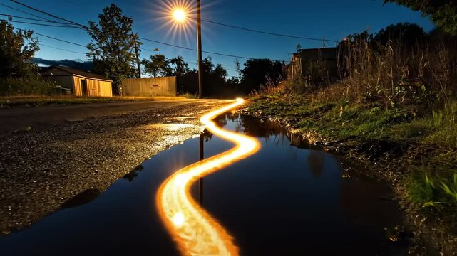 A light-painted path through a puddle at night