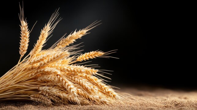 A visually striking arrangement of golden wheat stalks spread on a sandy surface, highlighting themes of harvest, livelihood, and the natural beauty of agricultural produce.