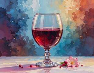 Una delicada copa de cristal llena de rico vino tinto, representada en acuarelas suaves