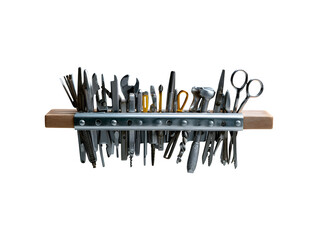 A suspended magnetic strip with tools like pliers, scissors, and hex keys perfectly aligned in...