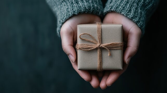 A close-up of a person's hands gently holding a beautifully wrapped gift box tied with twine, symbolizing the joy of giving and sharing love on special occasions.