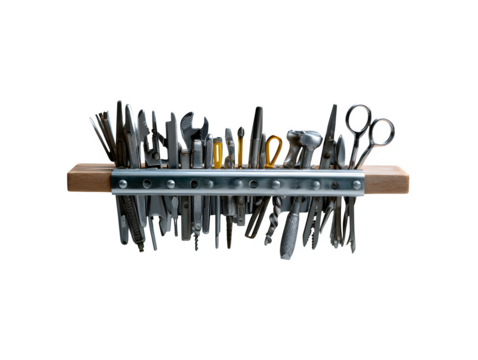 A suspended magnetic strip with tools like pliers, scissors, and hex keys perfectly aligned in mid-air, floating above a white studio background, cut out to transparent background