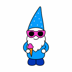 sticker design of a cute cartoon gnome wearing a bright blue winter hat and is holding an ice cream