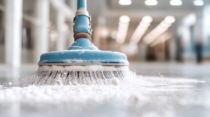 A dynamic image of a cleaning brush with bubbles on a polished floor, representing cleanliness and the efficiency of modern cleaning tools in maintaining hygiene and care.