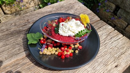 homemade red groats with whipped cream