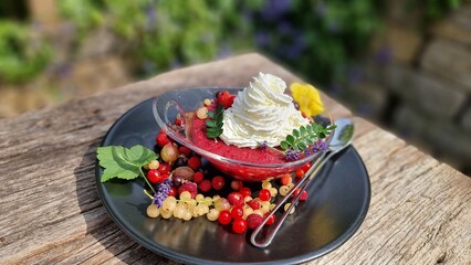 homemade red groats with whipped cream