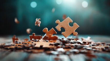 A dynamic arrangement of puzzle pieces in various orientations, set against a blurred background of soft lighting, inviting curiosity and engagement in puzzle-solving.