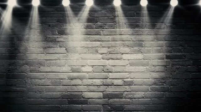 Dark, empty, aged grunge room with a spotlight illuminating a textured brick wall and concrete floor