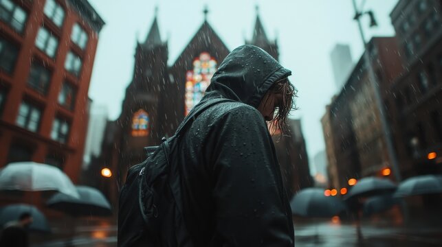 A lone figure in a hoodie walks through a rainy urban street, creating a moody atmosphere that evokes feelings of solitude, introspection, and the beauty of urban life in harsh weather.