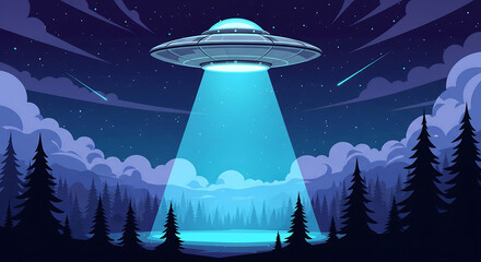 UFO Abduction Scene in a Forest at Night with Shooting Stars