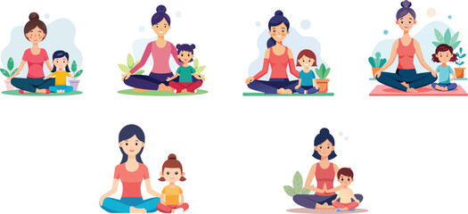mother and kid in yoga pose set vector illustration