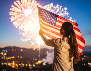 Woman Holding American Flag, Fireworks Display, City Lights Background