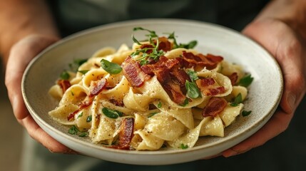 A beautifully presented plate of creamy pasta topped with crispy bacon, garnished with herbs, showcases culinary artistry and gastronomic delight in a cozy dining setting.