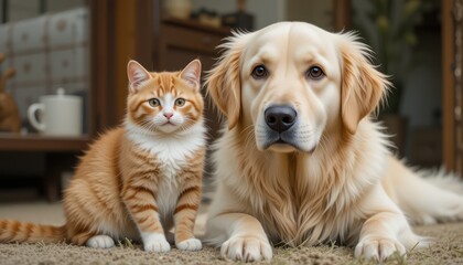 Cute golden retriever puppy and adult dog, happy purebred pet friends