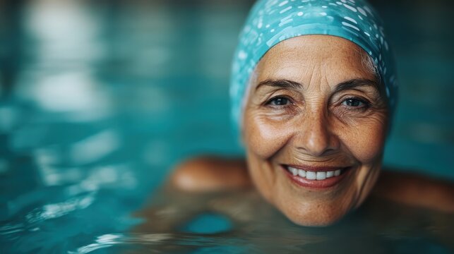 A joyful elderly woman enjoys her time in the pool, showcasing her radiant smile and the refreshing water, highlighting happiness and vitality in an aquatic environment.