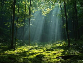 Obraz premium Lush Green Forest with Sunlight Filtering Through Trees, Enchanting Nature Scene