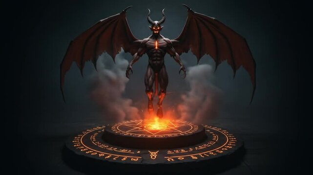 Digital illustration of a demonic figure on a platform with fire and symbols