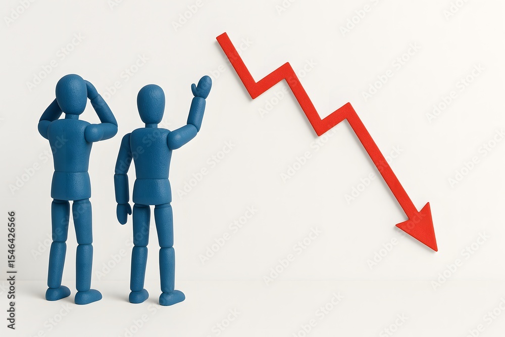 Poster blue figurines observing red downward trend graph in minimalist setting