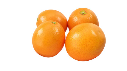 Empat buah jeruk segar berwarna oranye, siap untuk dinikmati sebagai camilan sehat atau bahan...