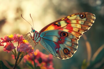 Naklejka premium A colorful butterfly with intricate patterns rests with its wings fully open, showcasing bright hues against a backdrop of blooming flowers in soft natural light
