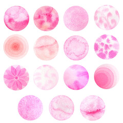 Set of abstract pink circles, hand-drawn in watercolor. Isolated on a white background.