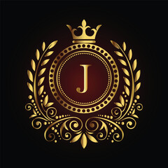 Vintage gold laurel wreath emblem with a royal ribbon and shield design, perfect for an award badge or regal decoration LOGO J