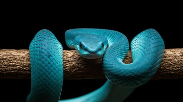 Blue Viper Snake Coiled on Branch with Tongue Out Close Up