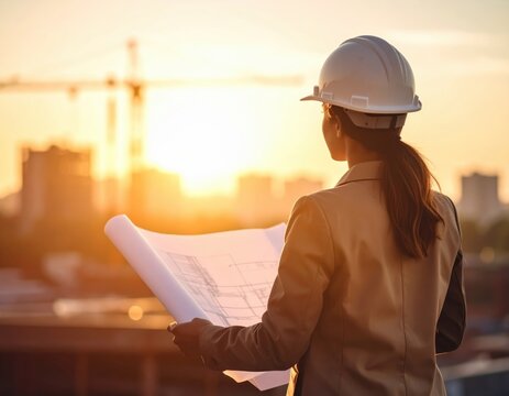 Engineer Overlooking Construction Site at Sunset with Blueprint in Hand