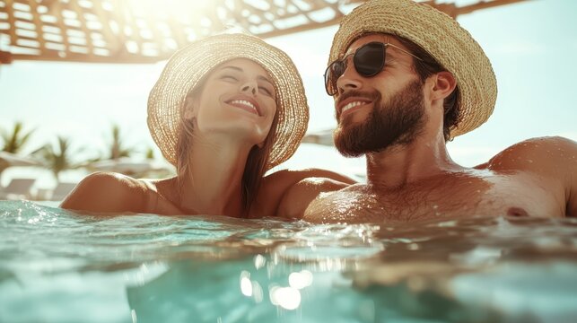 A joyful couple relaxing together in a sunlit swimming pool, showcasing the essence of love, togetherness, and blissful moments that define summer enjoyment and leisure. - Powered by Adobe