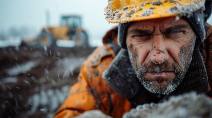 A weathered worker in bright orange gear braves the cold, with frost on his face and clothing. This powerful image evokes resilience, hard work, and determination.