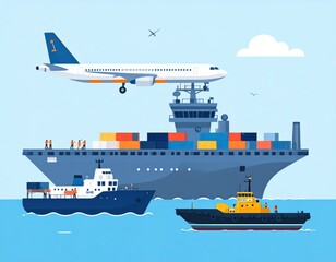 Obraz premium Ship, airplane, and various boats in vibrant seascape with cargo containers and workers