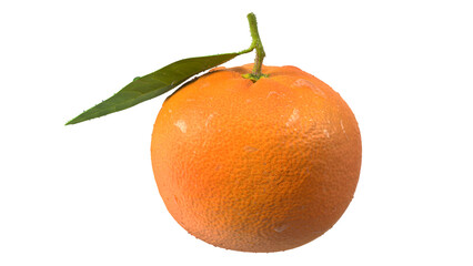 A fresh orange with a green leaf, showcasing its vibrant color and natural texture.