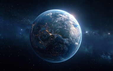 Obraz premium A beautiful view of planet Earth from orbit, showing the glowing city lights on the night side as the sun rises over the horizon. Global and technology concept