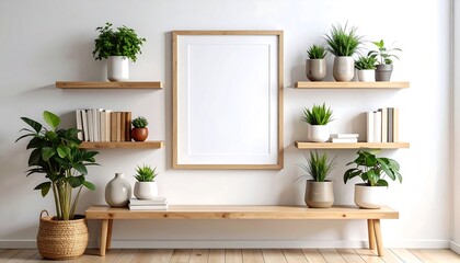 Cozy Interior with Empty Picture Frame  Plants with Minimalist Decor, and Wooden Shelf.