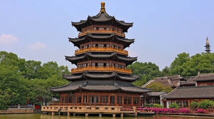 Fototapeta premium A traditional pagoda surrounded by lush greenery and vibrant flowers, reflecting peaceful architecture, Ideal for tourism promotion, cultural events