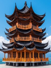 Naklejka premium A stunning traditional pagoda with intricate architecture set against a blue sky, This image captures the beauty of cultural heritage and can be used for travel, architecture, or historical content,