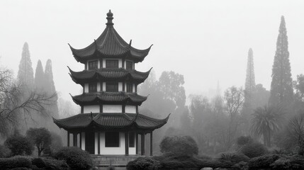 Obraz premium A serene black-and-white image of a traditional pagoda surrounded by lush greenery and mist, ideal for use in projects related to architecture, culture, meditation, and nature,