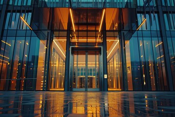 High Quality Picture of Modern Glass Office Building Entrance in Evening Light