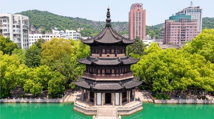 Obraz premium A beautiful pagoda surrounded by lush greenery and modern buildings in the background, reflecting a blend of tradition and contemporary architecture, Perfect for travel, culture