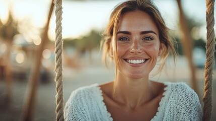 A joyful woman is smiling while seated on a swing, surrounded by a serene, sunny environment, encapsulating the feeling of happiness and carefree living in nature.
