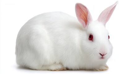 Obraz premium A cute white rabbit with pink eyes poses against a clean, white background, Ideal for use in pet-related content, marketing materials, or educational resources about animals and nature,
