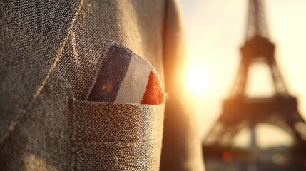 A blue-white-red ribbon pinned to a linen lapel, symbolizing French pride and patriotism on National Day.