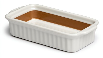 A stylish ceramic loaf pan with a textured white exterior and a smooth brown interior, Ideal for baking bread, desserts, or serving dishes, Perfect for food photography, cooking blogs