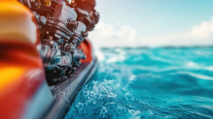 A close-up view of a powerful motorboat engine with waves splashing nearby, emphasizing the thrill of adventure and the beauty of the open sea under a bright sky.